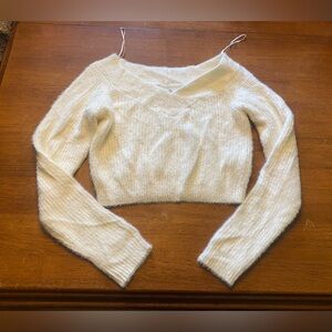 American Eagle Outfitters Cream Fuzzy Crop Sweater